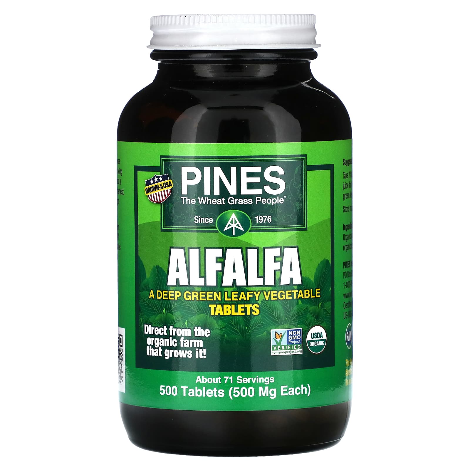 PINES WHEAT GRASS, Alfalfa, 500 TABLET UPC 043952000216 | HiLife Vitamins